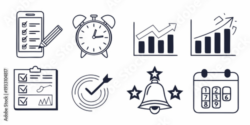 A collection of icons representing productivity, time management, and business growth. Vector