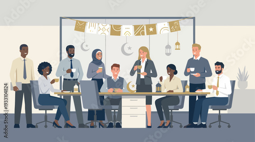 Diverse team celebrating Ramadan at the office with festive decorations and refreshments, fostering inclusivity and camaraderie