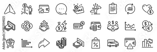 Diagram chart, Meeting and Free delivery line icons pack. Share, Message, Paper plane icons. Clipboard, Wallet, Electricity price web icon. Wallet money, Decreasing graph, Sale pictogram. Vector