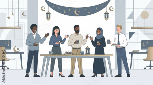 Diverse colleagues from various backgrounds gather for a festive cultural celebration in a decorated office, fostering an inclusive and joyful workplace environment