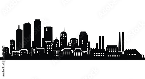 A black silhouette of a modern city skyline against a plain white background