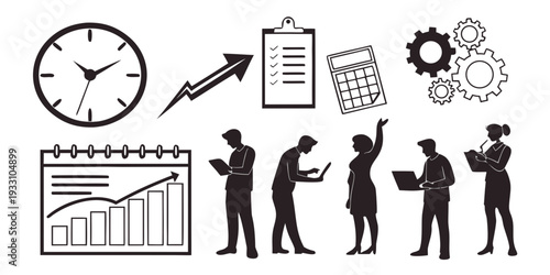 Diverse team collaborating on project management and productivity tasks Vector