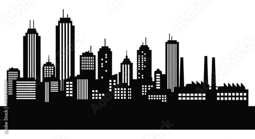 A stark black and white silhouette of a modern city skyline against a white background
