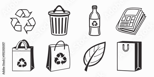 Various recycling symbols and items promoting environmental sustainability and waste management. Vector