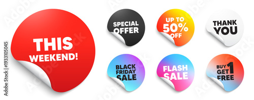 This weekend red sticker tag. Special offer paper price tags. This weekend tag. Special offer sign. Sale promotion symbol. Discount, black friday sticker. Promo banner. Vector