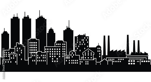 A stark black silhouette of a modern city skyline against a white background