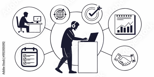 Businessman presenting to a diverse group of professionals in a modern office setting. Vector