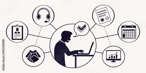 A person surrounded by various symbols representing different aspects of life and work. Vector