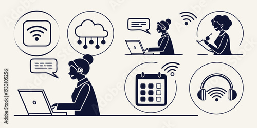 Illustration of a woman working from home with various devices and activities Vector