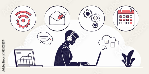 Woman working on a laptop with various icons representing different tasks and deadlines. Vector