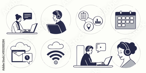 Illustration of remote work and online communication tools and activities Vector