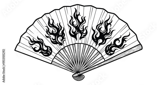 Elegant black and white illustration of a folding fan adorned with flame designs