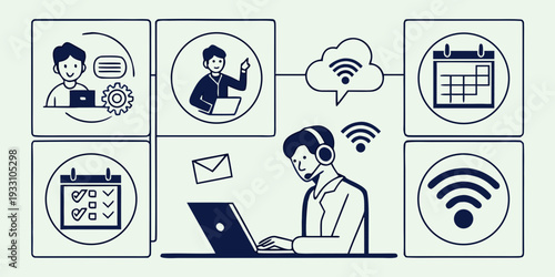 A diverse group of people working remotely using various devices and technologies Vector