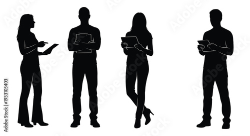 Silhouettes of four people using digital tablets and smartphones high quality