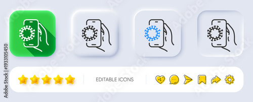 Covid phone app line icon. Neumorphic, Flat shadow, 3d buttons. Coronavirus application sign. Dirty smartphone symbol. Line covid app icon. Social media icons. Vector