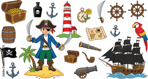 Pirate adventure elements collection treasure ship map anchor vector illustration set