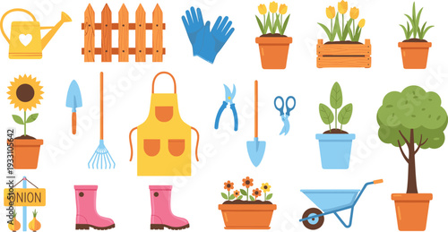 Gardening tools plants and equipment collection home garden work vector illustration set