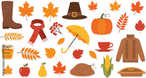 Autumn thanksgiving elements collection with pumpkin leaves food and seasonal vector illustration