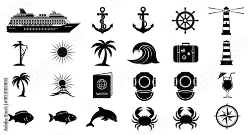 Collection of nautical and marine themed vector icons and symbols for design elements.