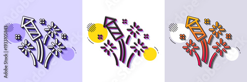 Fireworks rocket line icon. Halftone dotted pattern. Gradient icon with grain shadow. Pyrotechnic salute sign. Carnival celebration lights symbol. Line fireworks rocket icon. Various designs. Vector