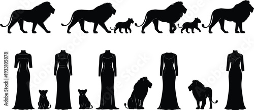 Large collection of wild lion silhouettes, pride of lions walking, sitting with cubs, elegant dress mannequins