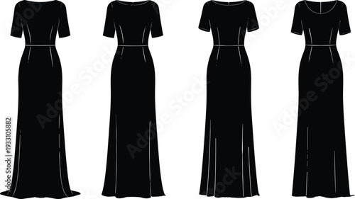 Set of elegant female dress silhouettes, long evening gowns icons, fashion design mannequins, formal wear apparel