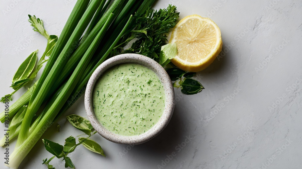 Obraz premium Green goddess dressing arranged in minimalist composition with negative space