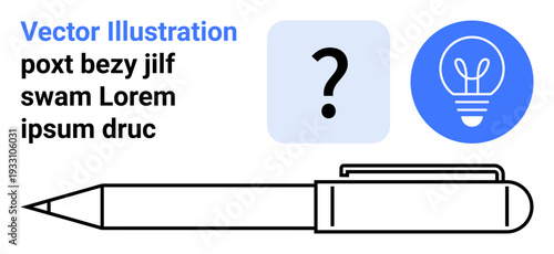 Ideas, creativity, brainstorming, problem solving, education, questions. A pen, question mark in a box and light bulb icon. Creativity and brainstorming concept