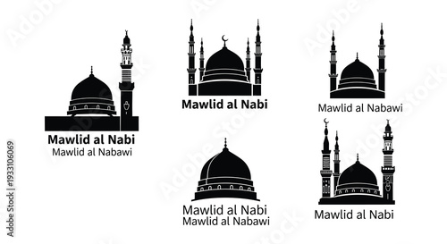 Black and white illustrations of islamic mosques with mawlid al nabi text