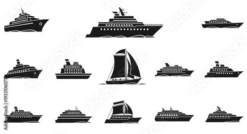 Collection of various ship silhouettes, perfect for maritime design and travel themes.