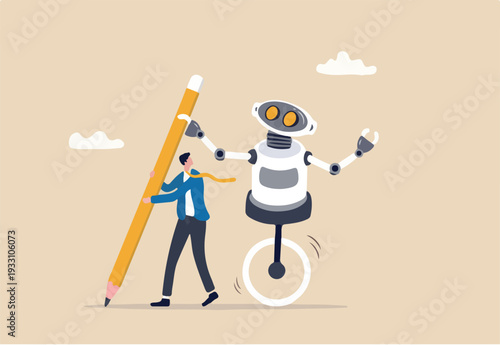AI Artificial Intelligence work with human, robot or automation to help success, robot to replace human employment, job uncertainty concept, frustrated businessman working with pencil with AI robot