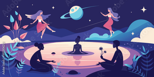 Celestial beings and figures gather in a tranquil dreamy landscape
