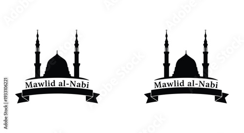 Black and white illustrations of islamic mosques with mawlid al nabi text