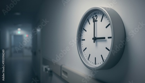 Close-up of a round clock on a wall in a hospital corridor, depicting the passage of time and sense of urgency