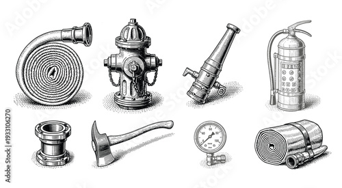 Firefighting equipment vector vintage illustration for safety and rescue concepts