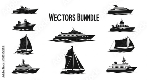 Collection of various black and white vector illustrations of different types of boats and ships.