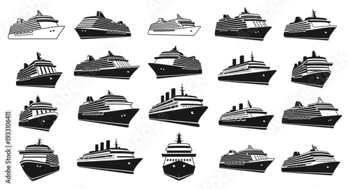 Collection of various cruise ships in black and white, artistic illustrations.