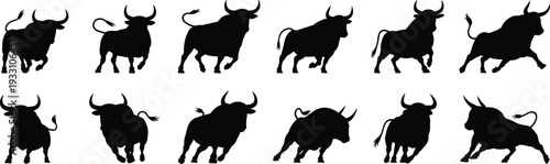 Collection of twelve dynamic bull silhouettes in black, showcasing muscular builds, prominent horns, and powerful motion, symbolizing strength, aggression, animal anatomy, cultural symbolism,design