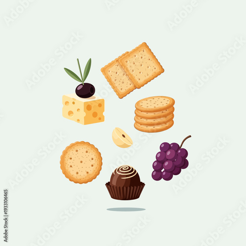 Assortment of delicious snacks including cheese, crackers, grapes, and chocolate cupcake.
