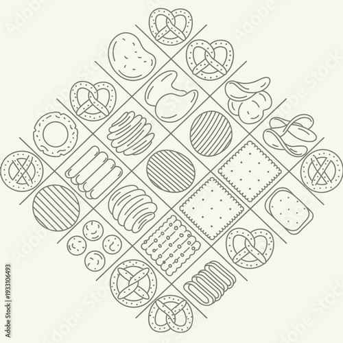 Assortment of savory snacks arranged in a diamond pattern.