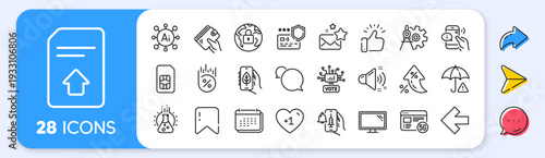 Cogwheel dividers, Upload file and Risk management line icons. Interest rate, AI generate, Inflation icons. Pack of Left arrow, Loan percent, Messenger icon. Vector