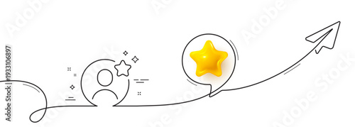 Best friend line icon. Continuous line with share plane. User review star sign. Customer top rate symbol. 3d star in speech bubble. Best friend single line ribbon. Loop curve pattern. Vector
