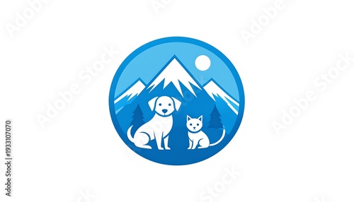 A circular illustration of a mountain scene, featuring a dog and cat in front of snow-capped peaks and evergreen trees