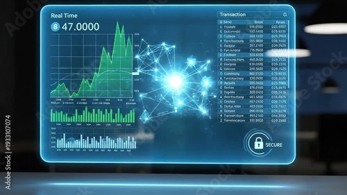 Futuristic Holographic Display Shows Financial Data and Network Connections.