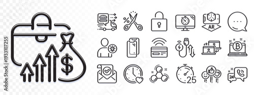 Dating, Smartphone glass and 24h service line icons for web app. Glare of light effect. Message icon. Pack of Cut tax, Like, Bitcoin pictogram icons. Vector