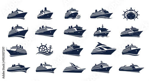 Collection of various cruise ship illustrations showcasing maritime transportation and travel.