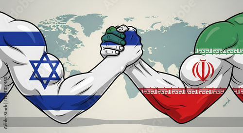 Geopolitical tension concept showing Israel and Iran arm wrestling in vector style illustration symbolizing conflict crisis rivalry diplomacy and global power struggle