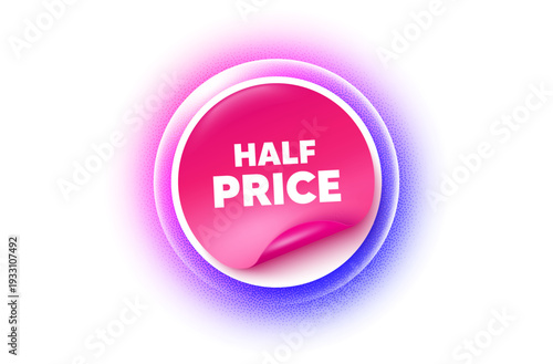 Half price sticker purple gradient. Paper offer price tag. Half Price tag. Special offer Sale sign. Advertising Discounts symbol. Sticker label. Grain dots effect. Vector