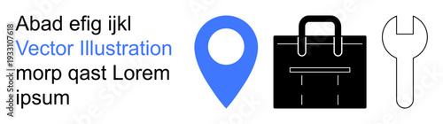 Location tracking, business tools, work planning, repair services, navigation, productivity. Blue location pin, black briefcase and wrench. Location tracking and business tools concept