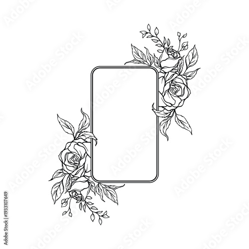 Vertical rounded rectangle frame adorned with detailed rose clusters on diagonal corners. Black line botanical artwork isolated on white background, ideal for social media templates, invitations